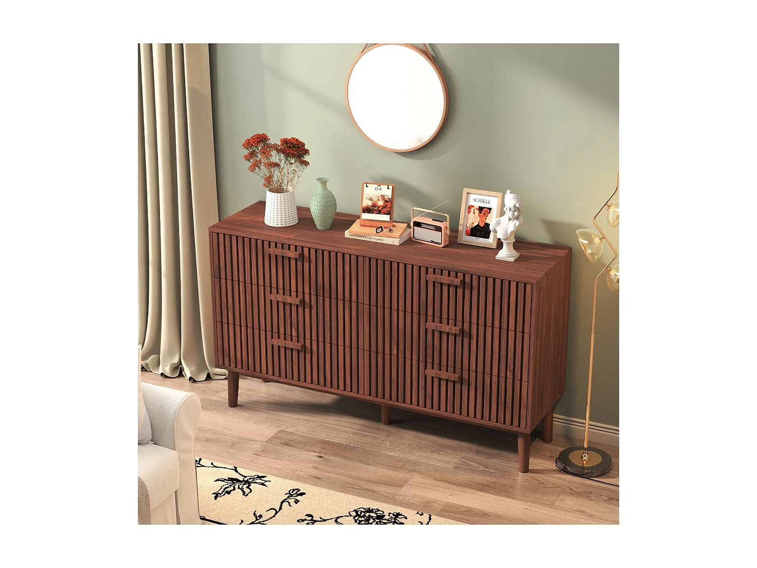 Commode 6 tiroirs couleur noyer 100x34x73 cm, meuble de rangement à façades rainurées, grande capacité pour chambre et salon