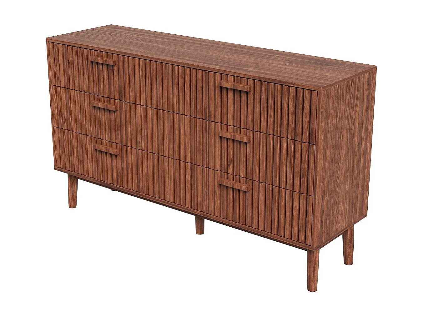Commode 6 tiroirs couleur noyer 100x34x73 cm, meuble de rangement à façades rainurées, grande capacité pour chambre et salon