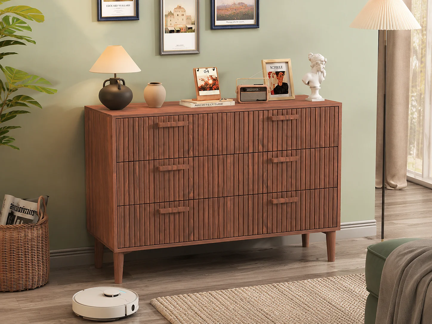 Commode 6 tiroirs couleur noyer 100x34x73 cm, meuble de rangement à façades rainurées, grande capacité pour chambre et salon