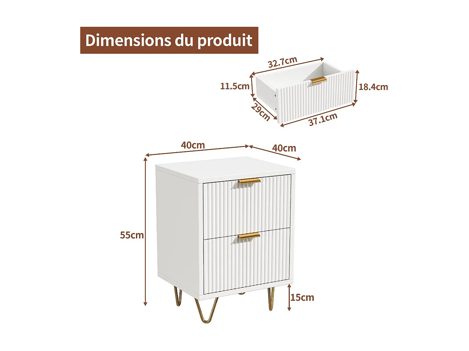 Commode 2 tiroirs blanc rainuré, meuble de rangement chambre avec poignées dorées et pieds métal, style moderne