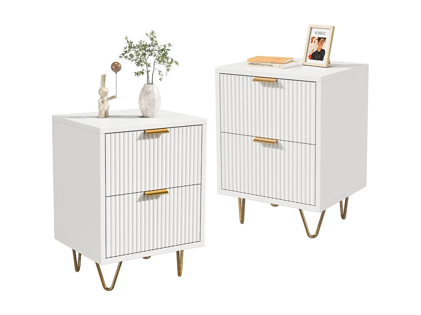 Commode 2 tiroirs blanc rainuré, meuble de rangement chambre avec poignées dorées et pieds métal, style moderne