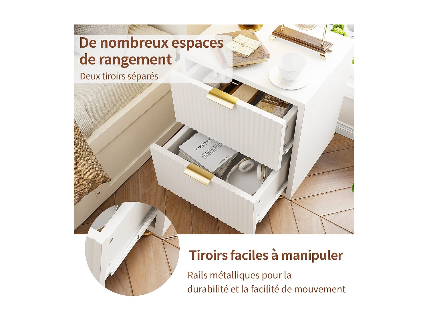 Commode 2 tiroirs blanc rainuré, meuble de rangement chambre avec poignées dorées et pieds métal, style moderne
