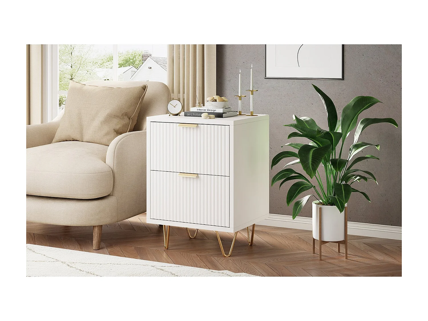 Commode 2 tiroirs blanc rainuré, meuble de rangement chambre avec poignées dorées et pieds métal, style moderne