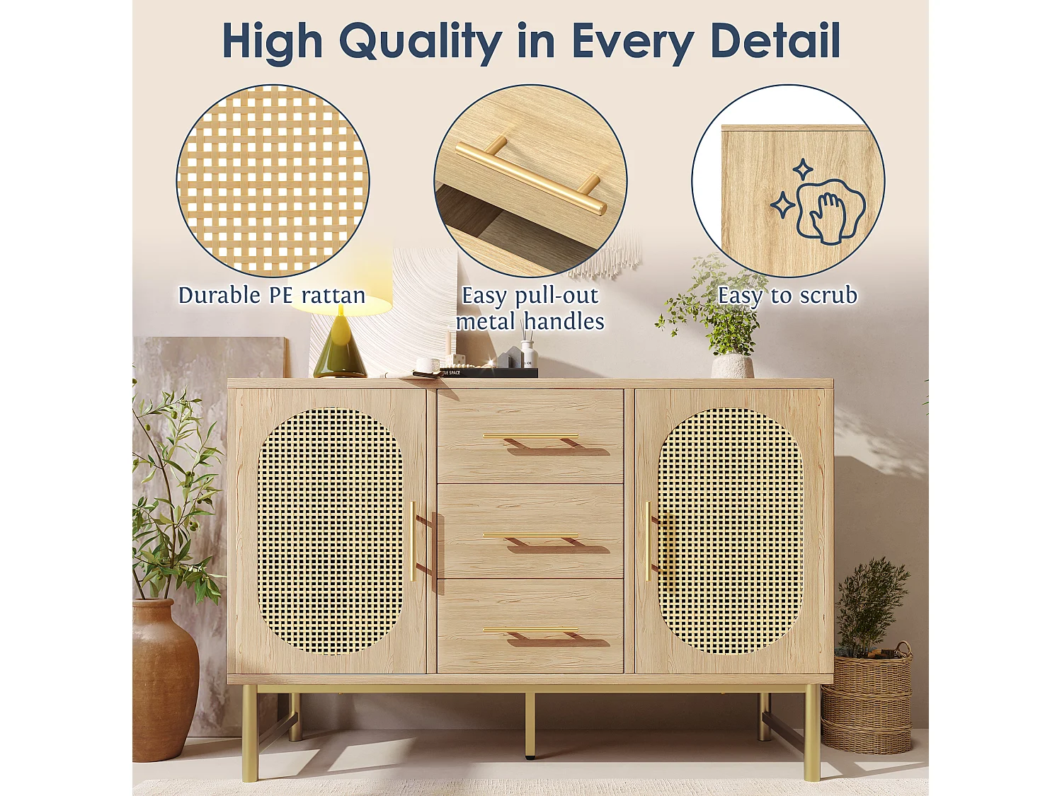 Chest of drawers with 2 doors and 3 drawers - particleboard - Natural