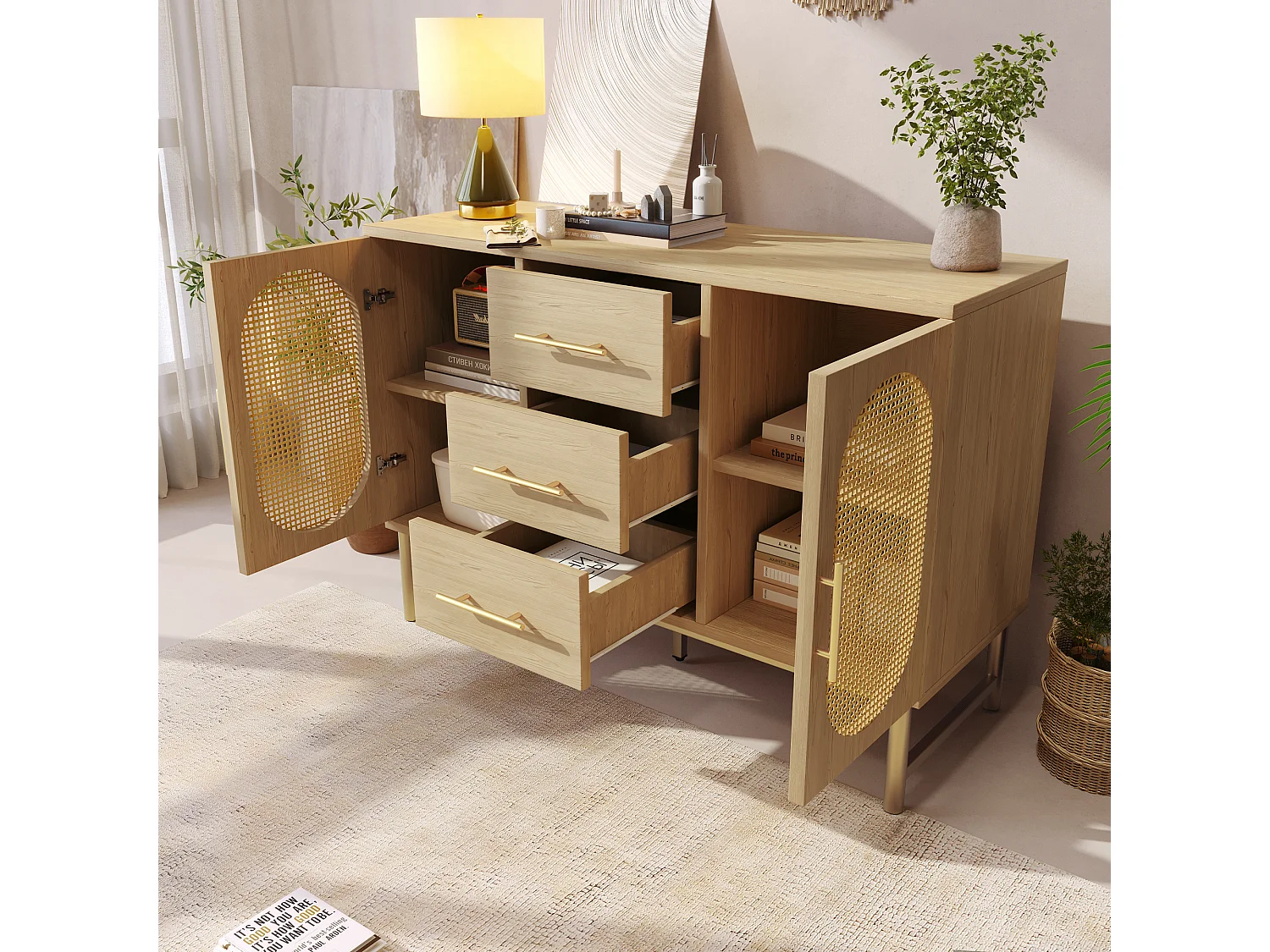 Chest of drawers with 2 doors and 3 drawers - particleboard - Natural