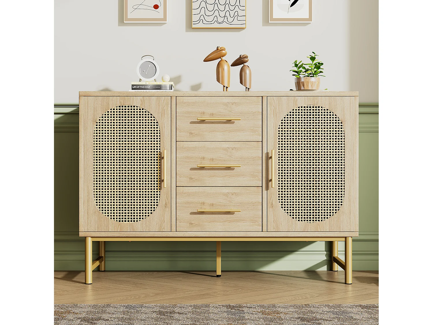 Chest of drawers with 2 doors and 3 drawers - particleboard - Natural