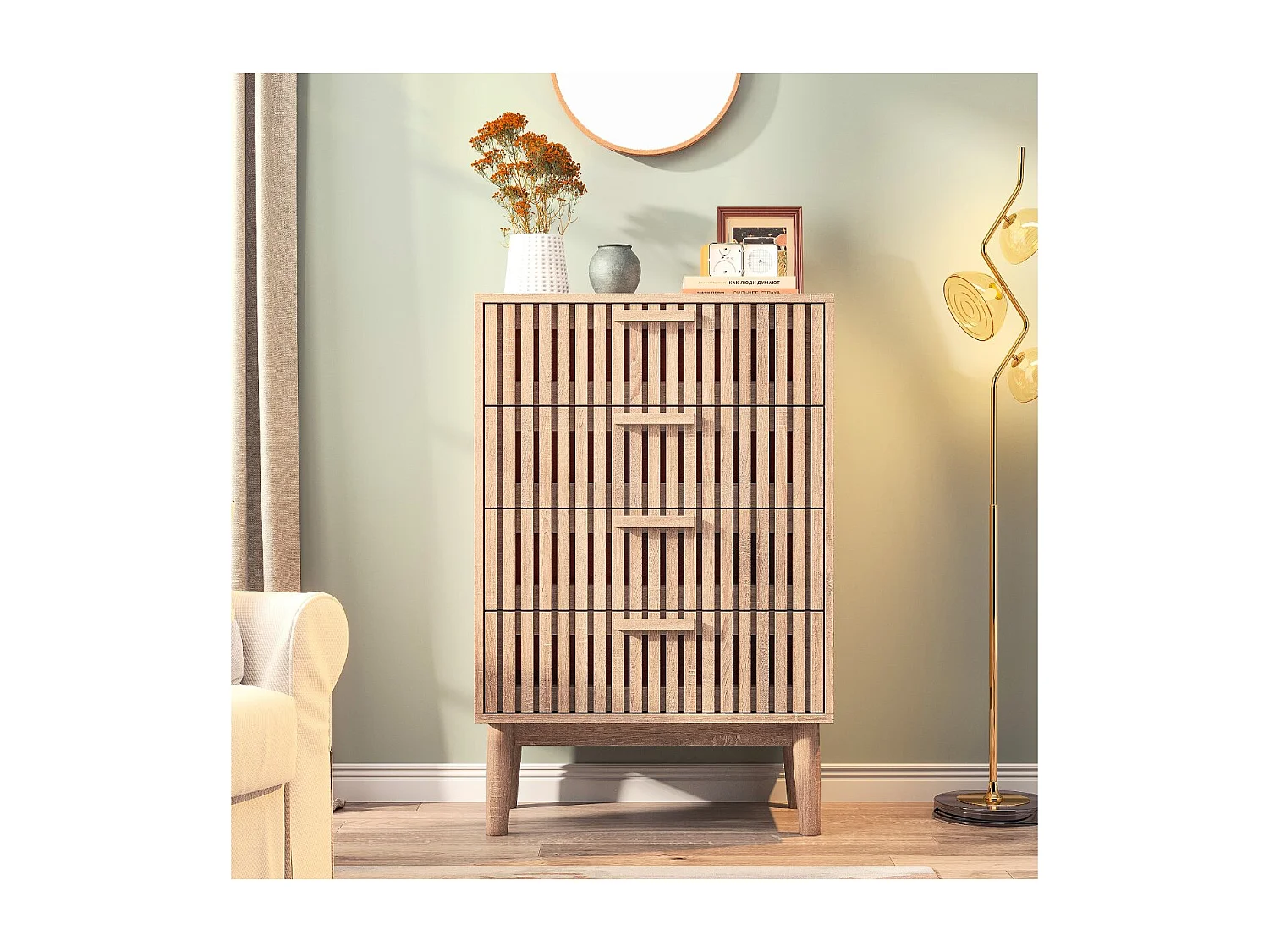 Commode 4 tiroirs bois foncé avec façade rainurée, meuble de rangement scandinave sur pieds pour chambre salon, style moderne