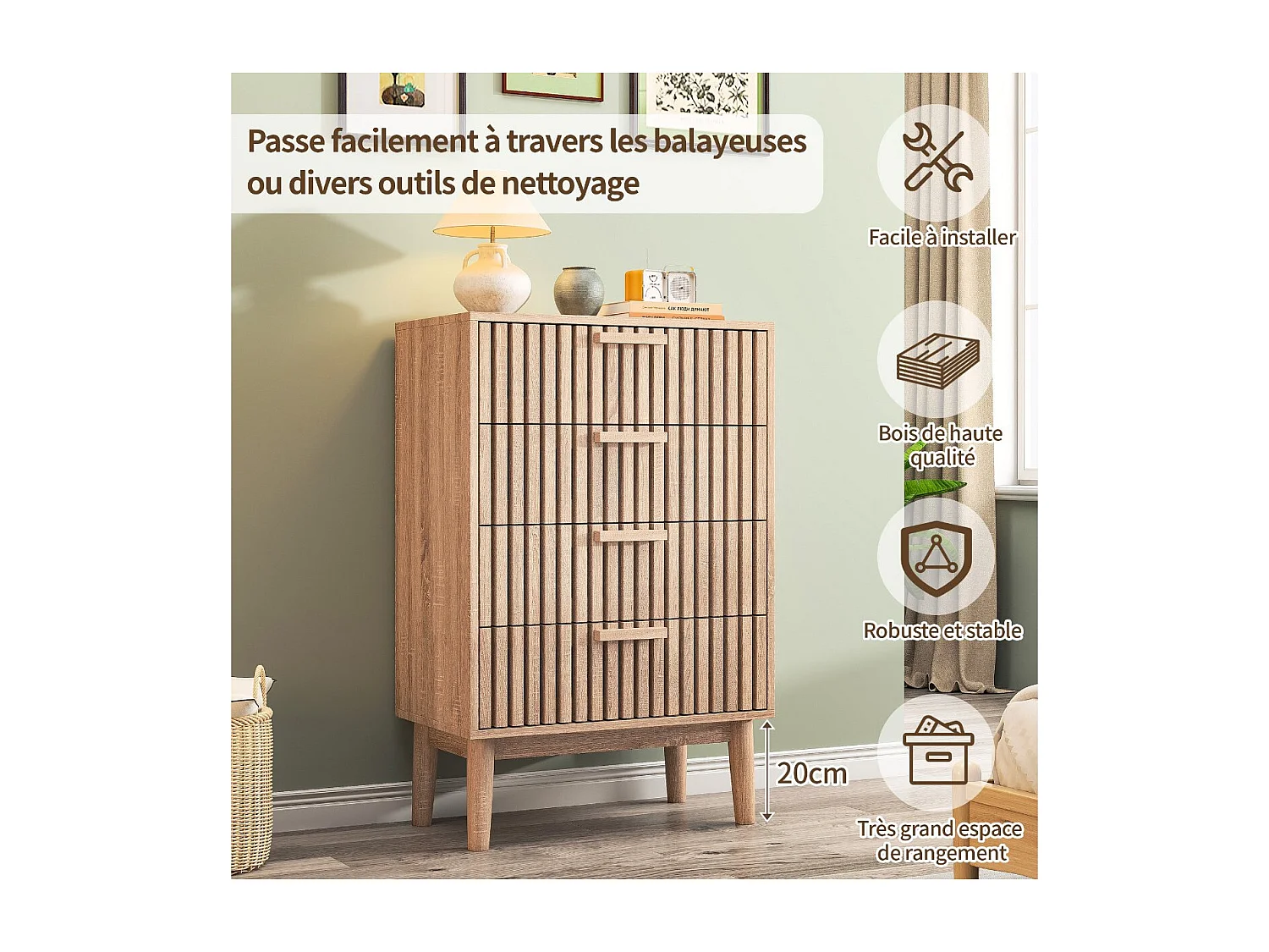 Commode 4 tiroirs bois foncé avec façade rainurée, meuble de rangement scandinave sur pieds pour chambre salon, style moderne