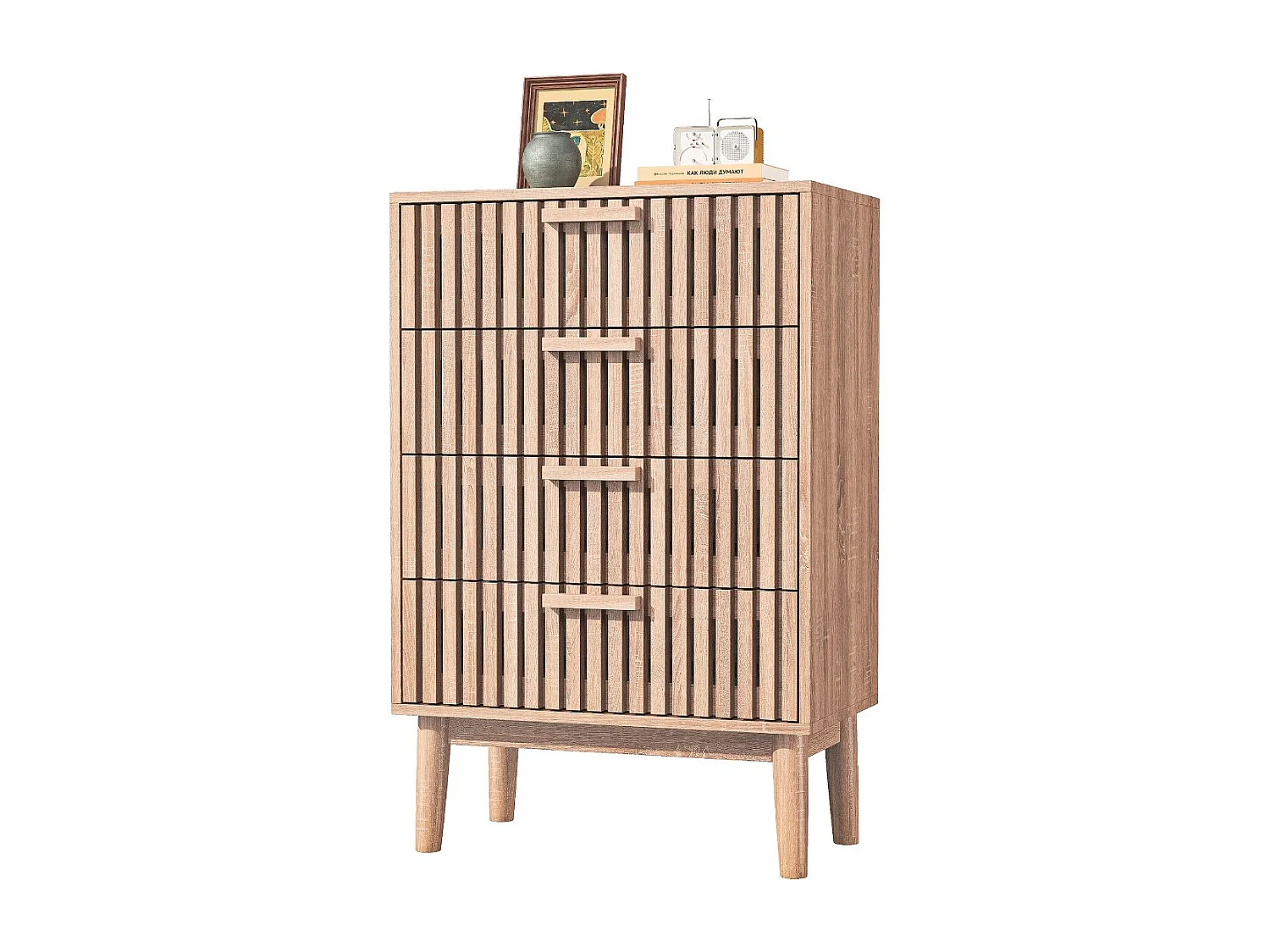 Commode 4 tiroirs bois foncé avec façade rainurée, meuble de rangement scandinave sur pieds pour chambre salon, style moderne