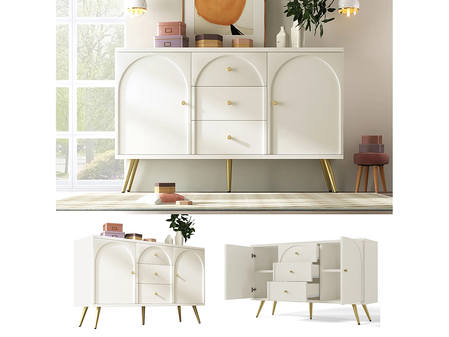 Chest of drawers with 3 drawers and 2 doors - gold legs - particleboard - white