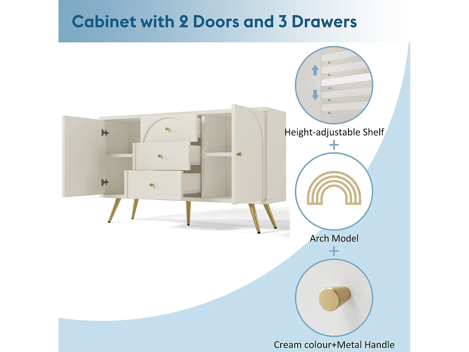 Chest of drawers with 3 drawers and 2 doors - gold legs - particleboard - white