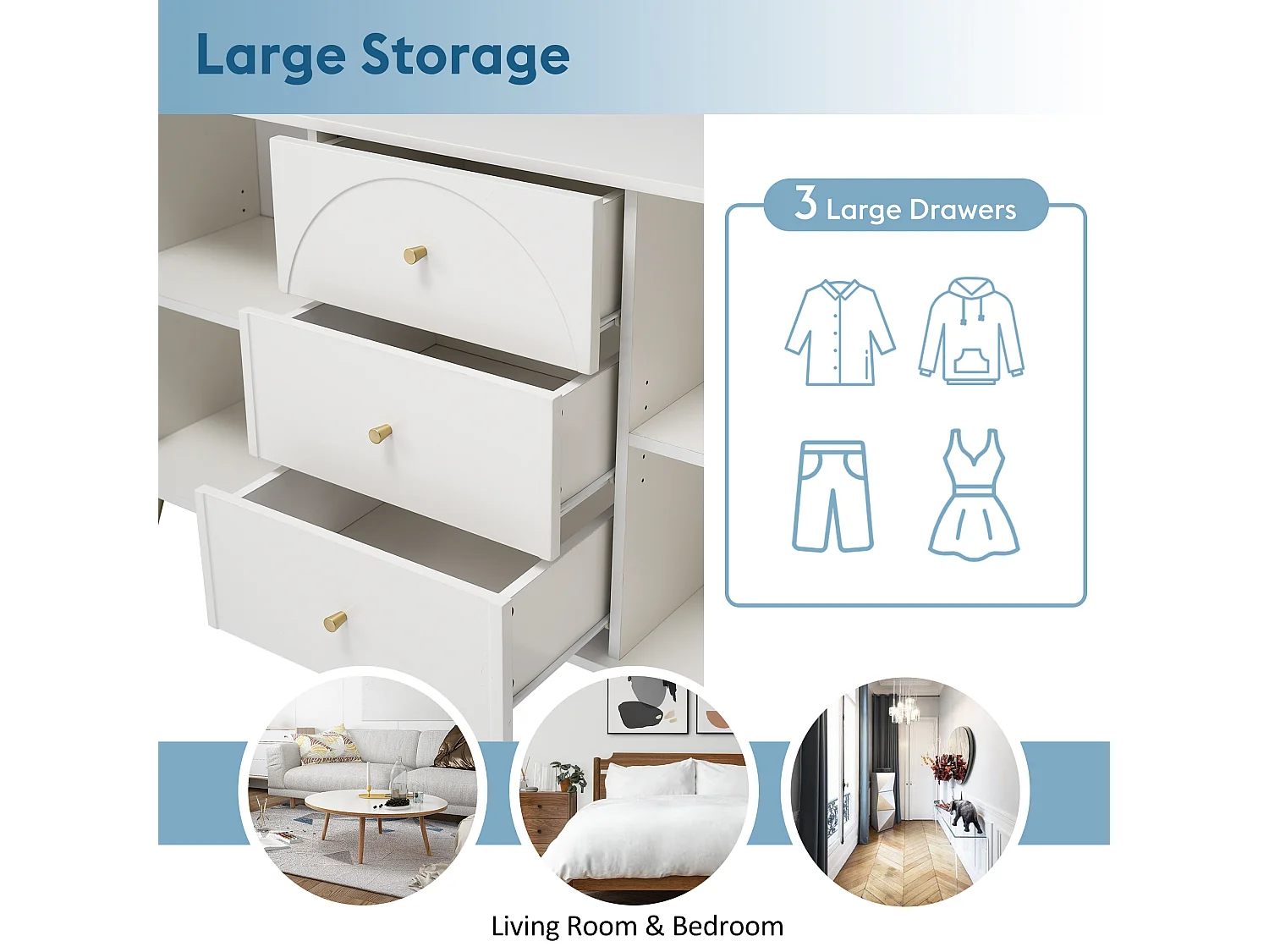 Chest of drawers with 3 drawers and 2 doors - gold legs - particleboard - white