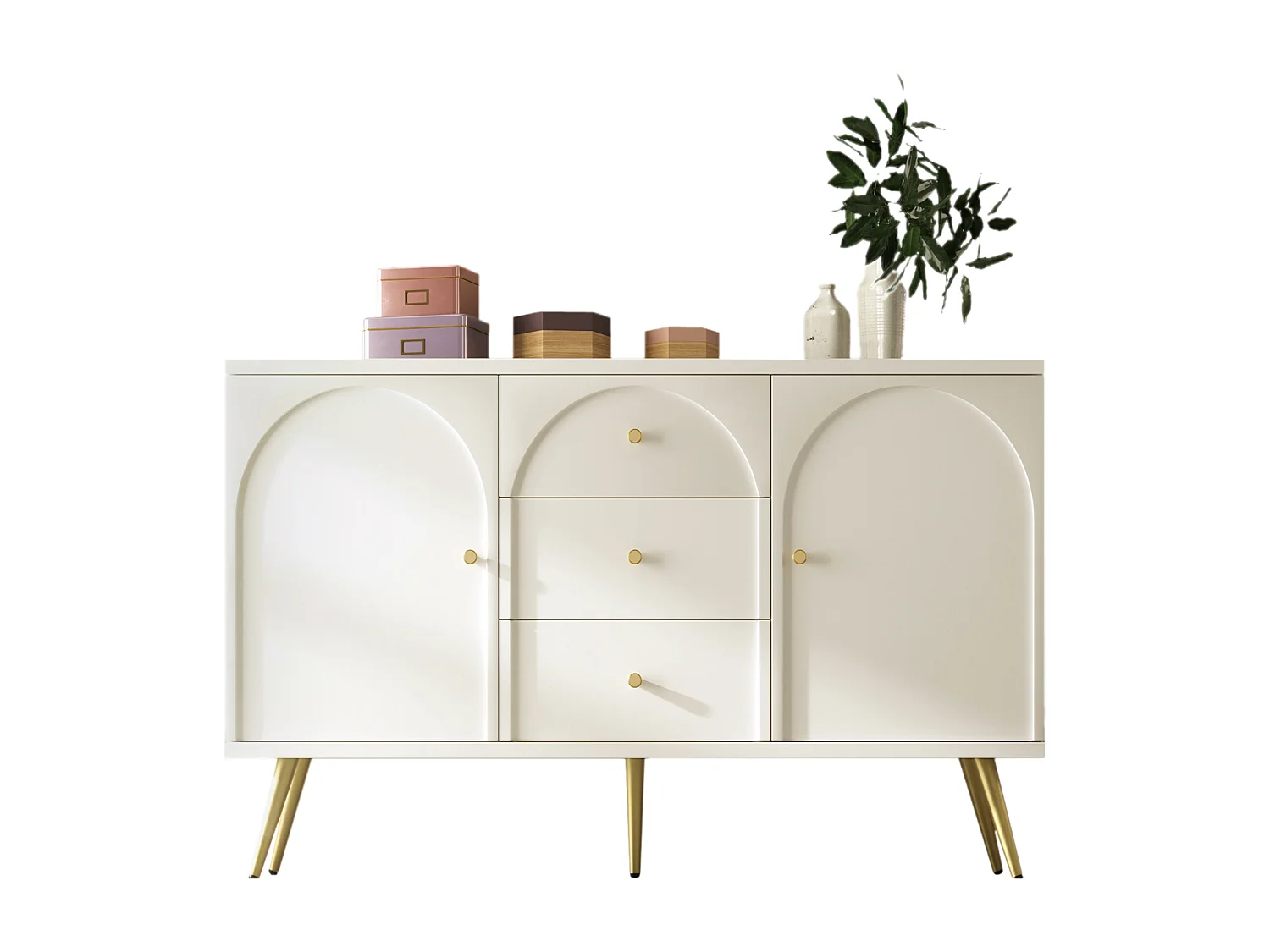 Chest of drawers with 3 drawers and 2 doors - gold legs - particleboard - white