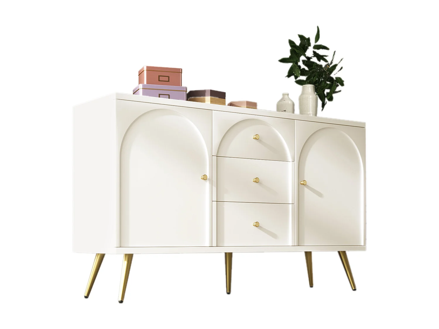 Chest of drawers with 3 drawers and 2 doors - gold legs - particleboard - white