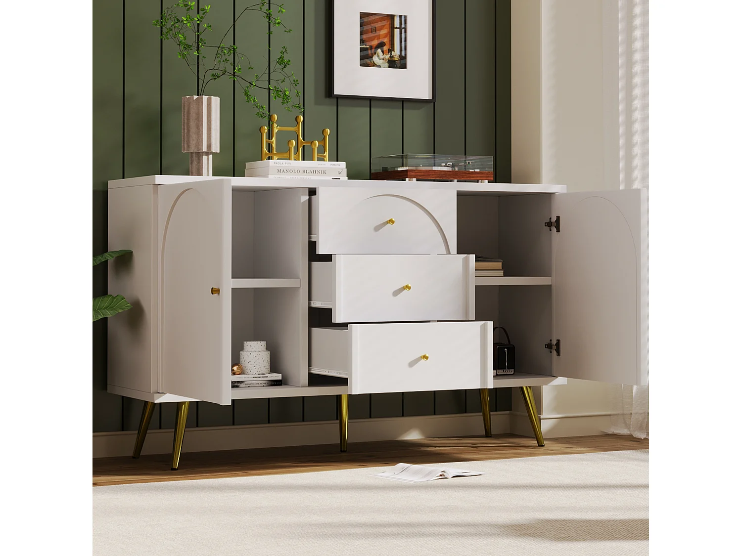 Chest of drawers with 3 drawers and 2 doors - gold legs - particleboard - white