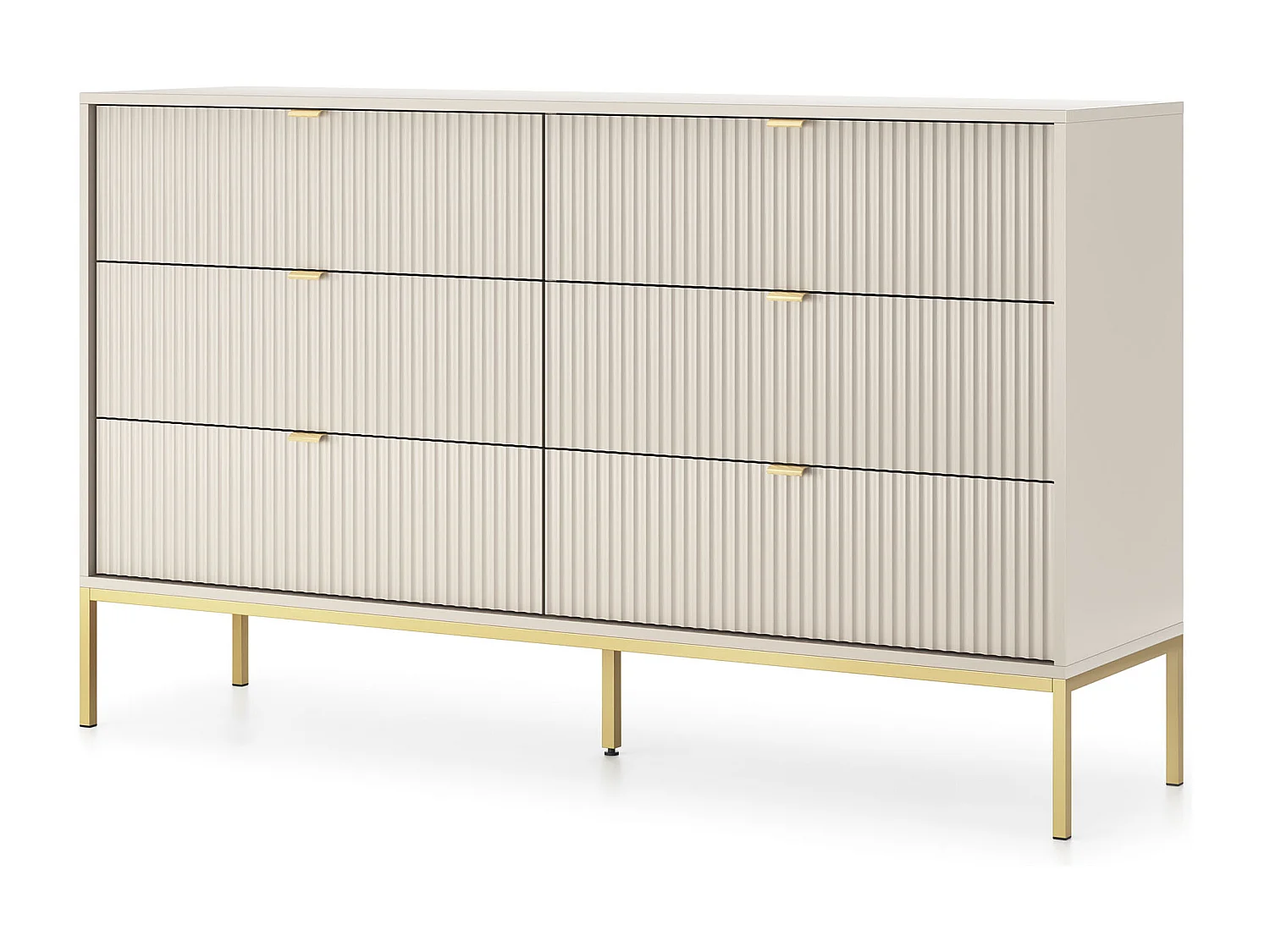 Commode: 6 laden, kasjmier, gouden poten, 154 x 39 x 83 cm, gouden handgrepen
