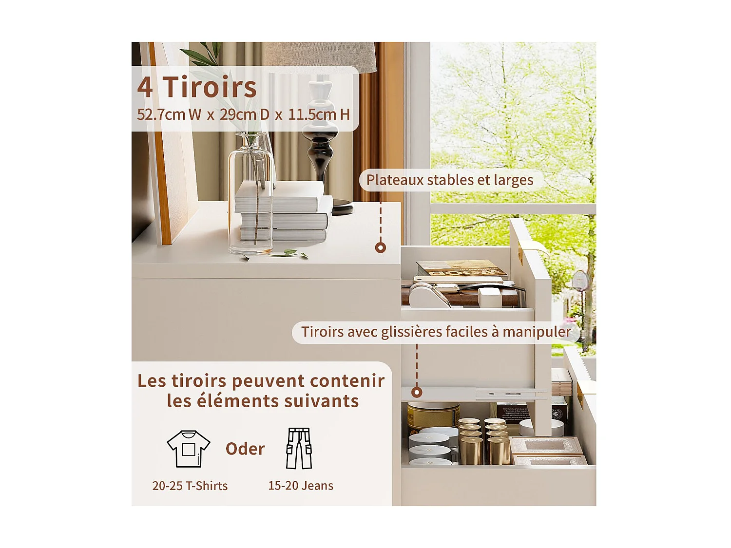 Commode 4 tiroirs blanc rainuré, meuble de rangement chambre avec poignées dorées et pieds métal, style moderne