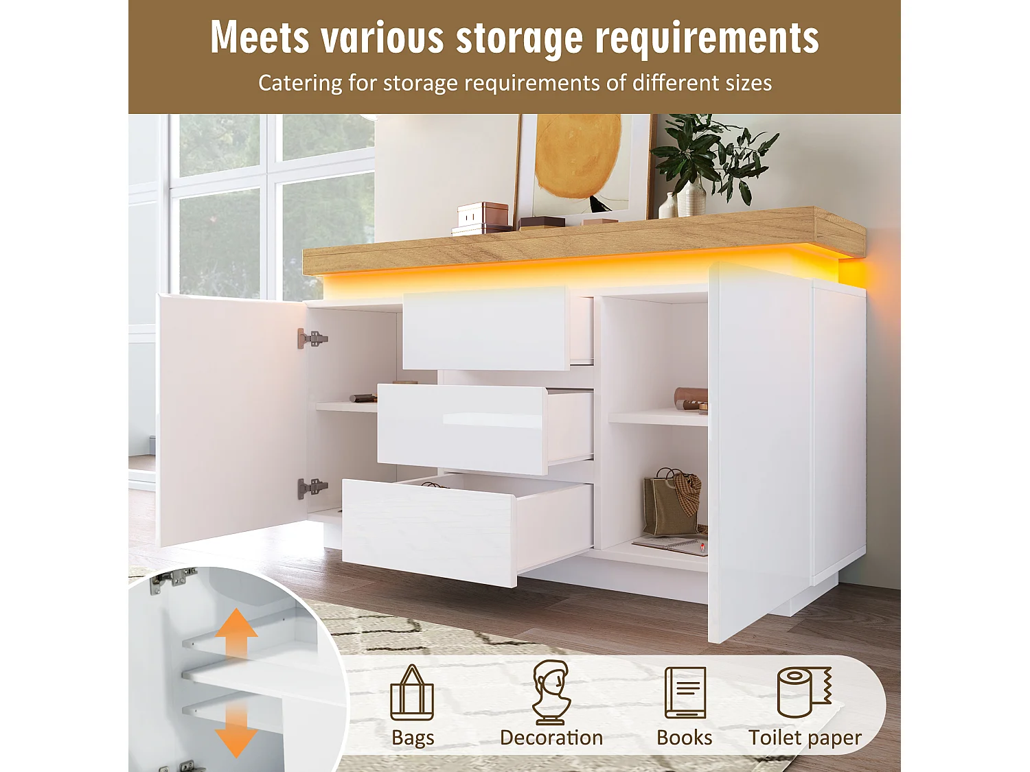 Chest of Drawers with LED Lighting - 3 Drawers and 2 Doors with Adjustable Shelves - White
