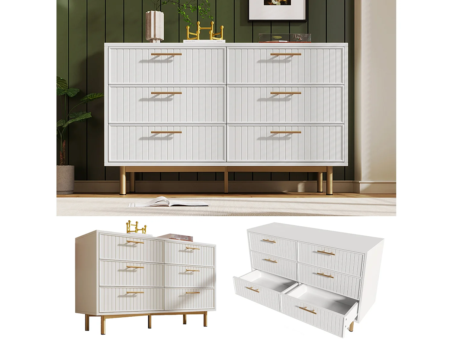 Chest of drawers decorated with vertical stripes - 6 drawers - white