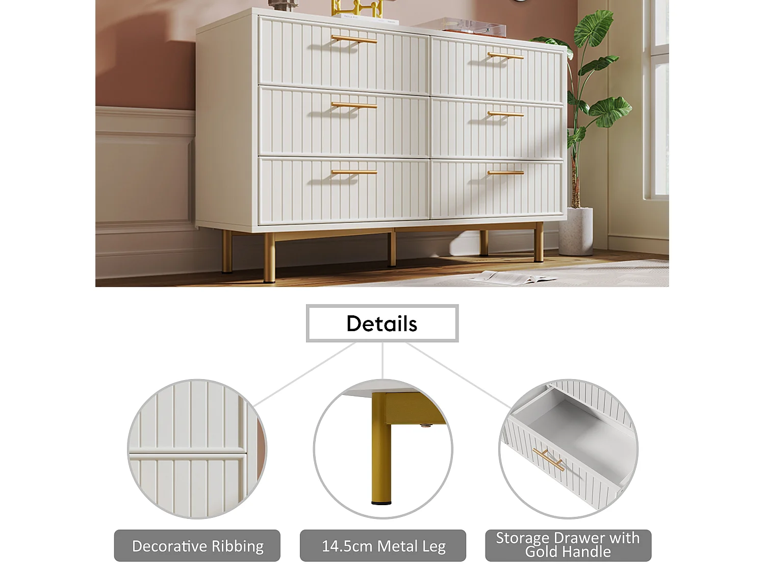 Chest of drawers decorated with vertical stripes - 6 drawers - white