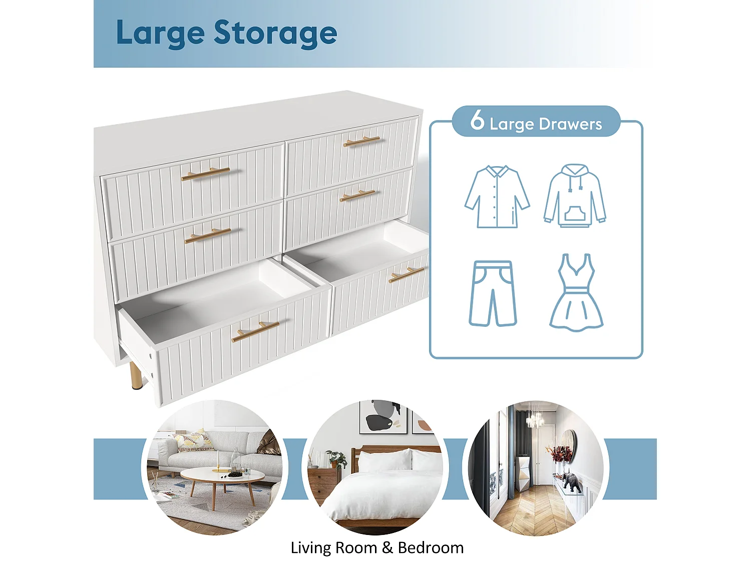 Chest of drawers decorated with vertical stripes - 6 drawers - white