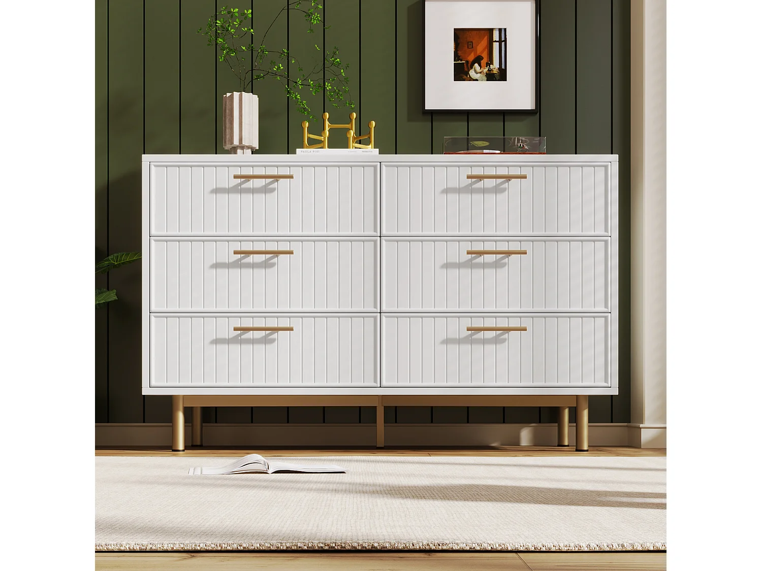 Chest of drawers decorated with vertical stripes - 6 drawers - white