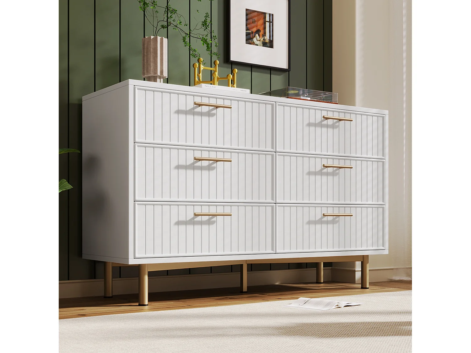 Chest of drawers decorated with vertical stripes - 6 drawers - white