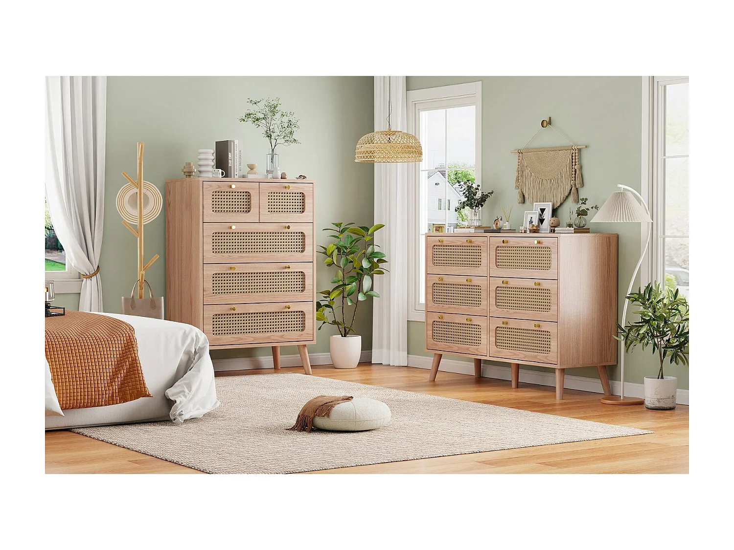 Commode bois 6 tiroirs cannage rotin, meuble scandinave chêne naturel