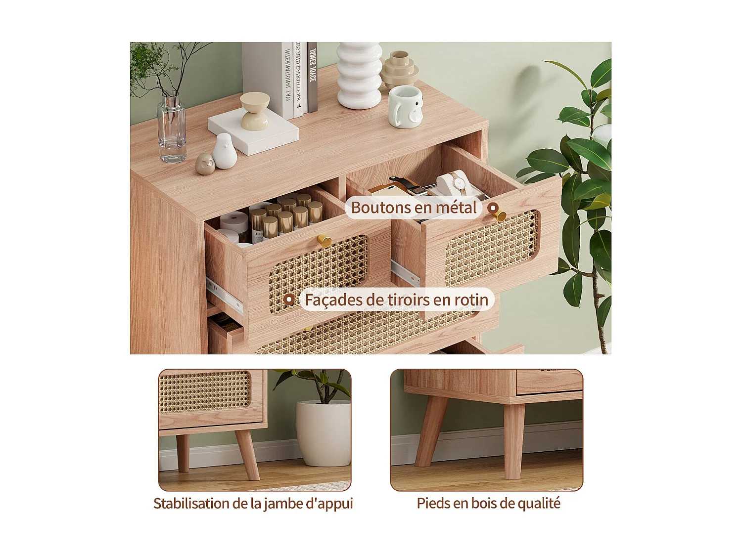 Commode bois 6 tiroirs cannage rotin, meuble scandinave chêne naturel