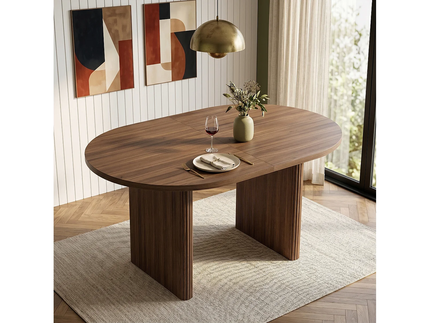 Table à manger extensible 140/200x90x75cm - Pour 6 à 8 personnes - Plateau rond épais - Placage chêne - Marron