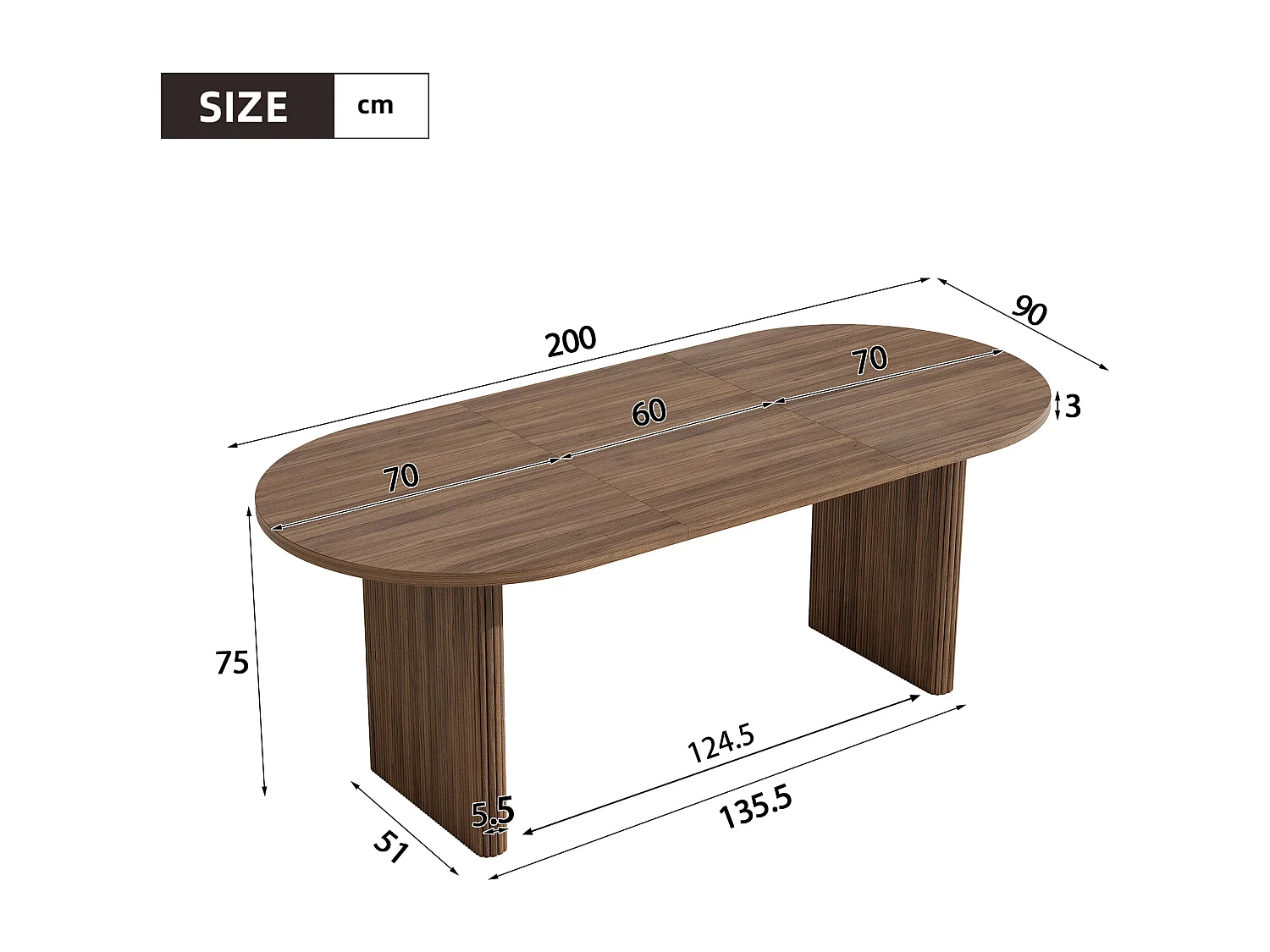 Table à manger extensible 140/200x90x75cm - Pour 6 à 8 personnes - Plateau rond épais - Placage chêne - Marron