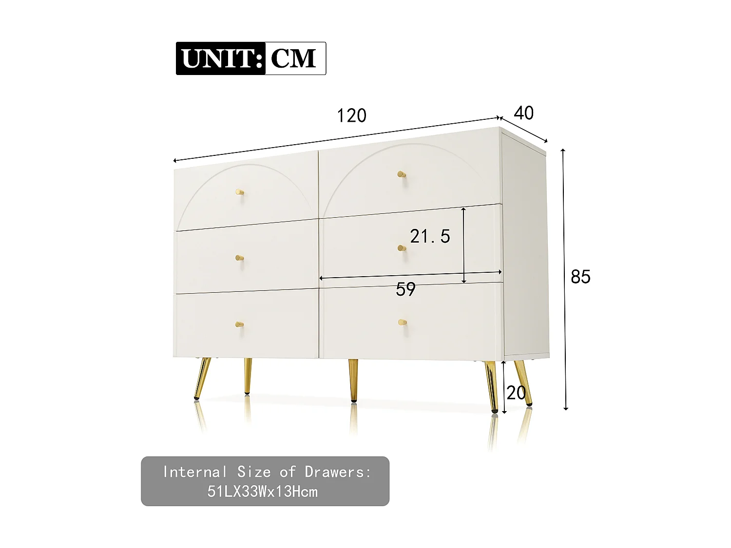 Chest of drawers with 6 drawers - gold legs - particleboard - white