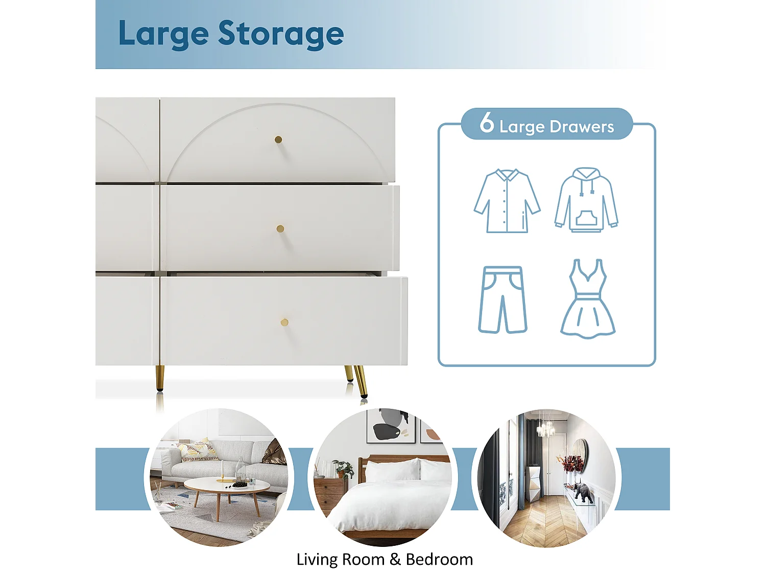 Chest of drawers with 6 drawers - gold legs - particleboard - white