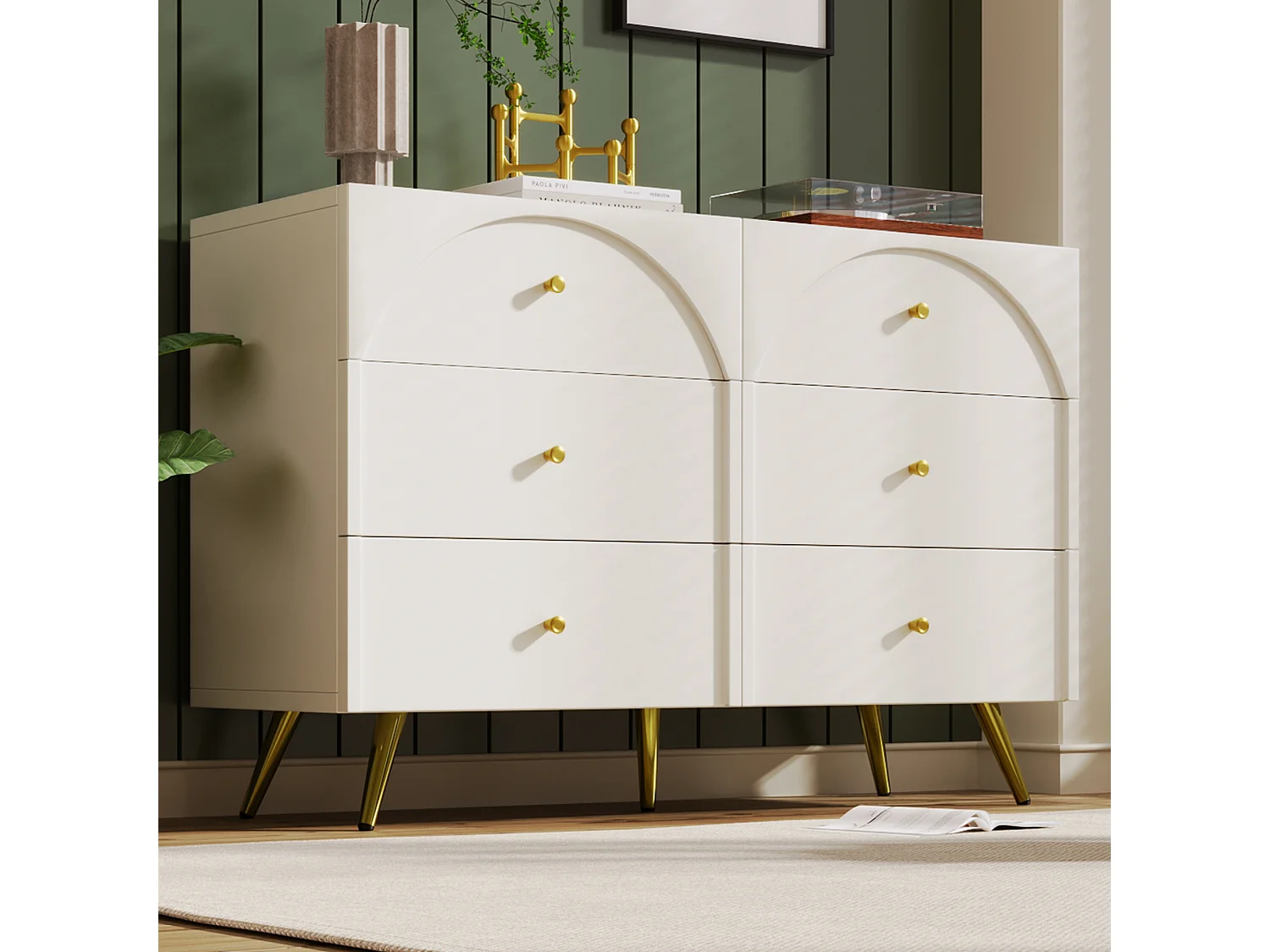 Chest of drawers with 6 drawers - gold legs - particleboard - white