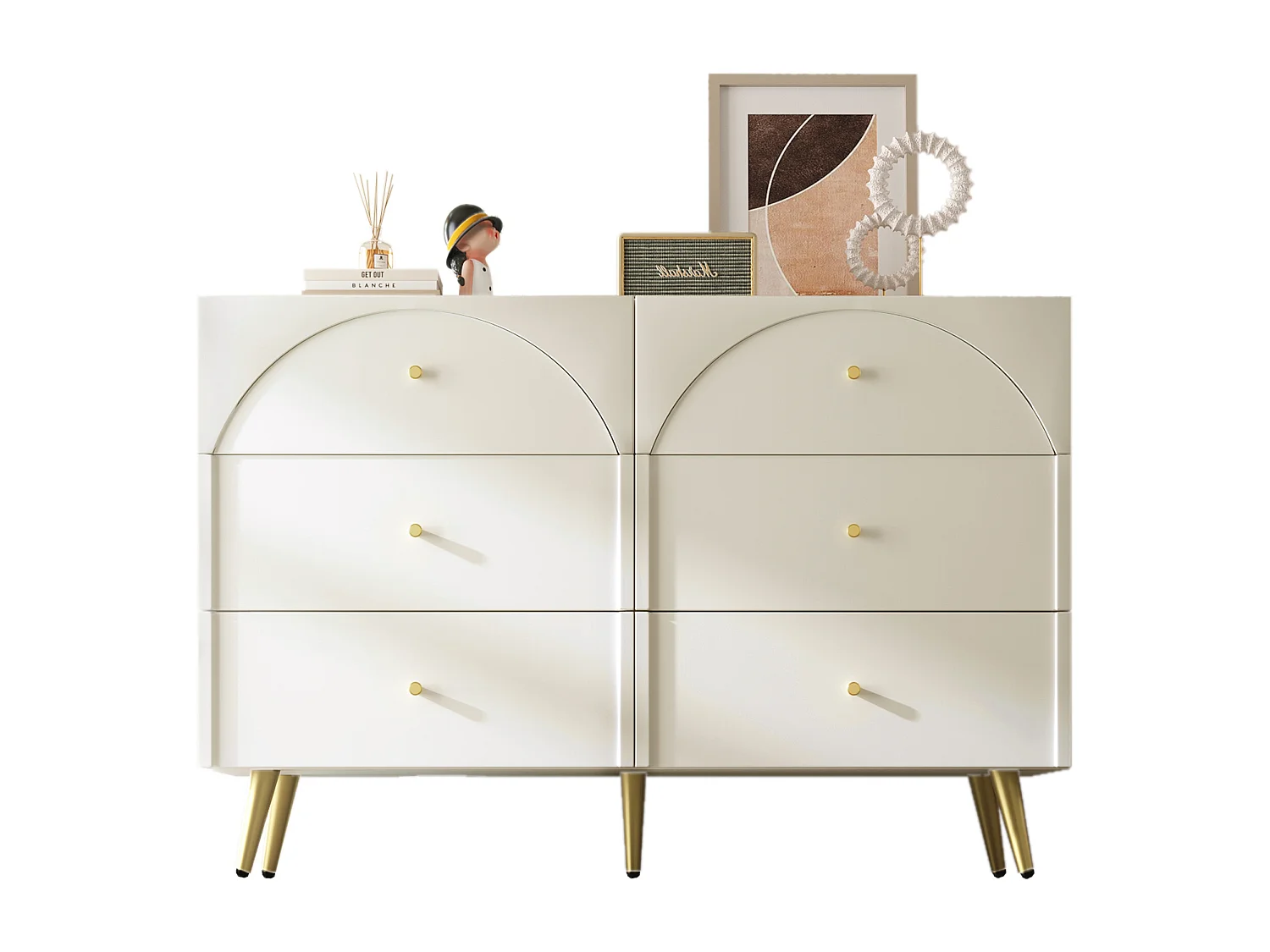Chest of drawers with 6 drawers - gold legs - particleboard - white