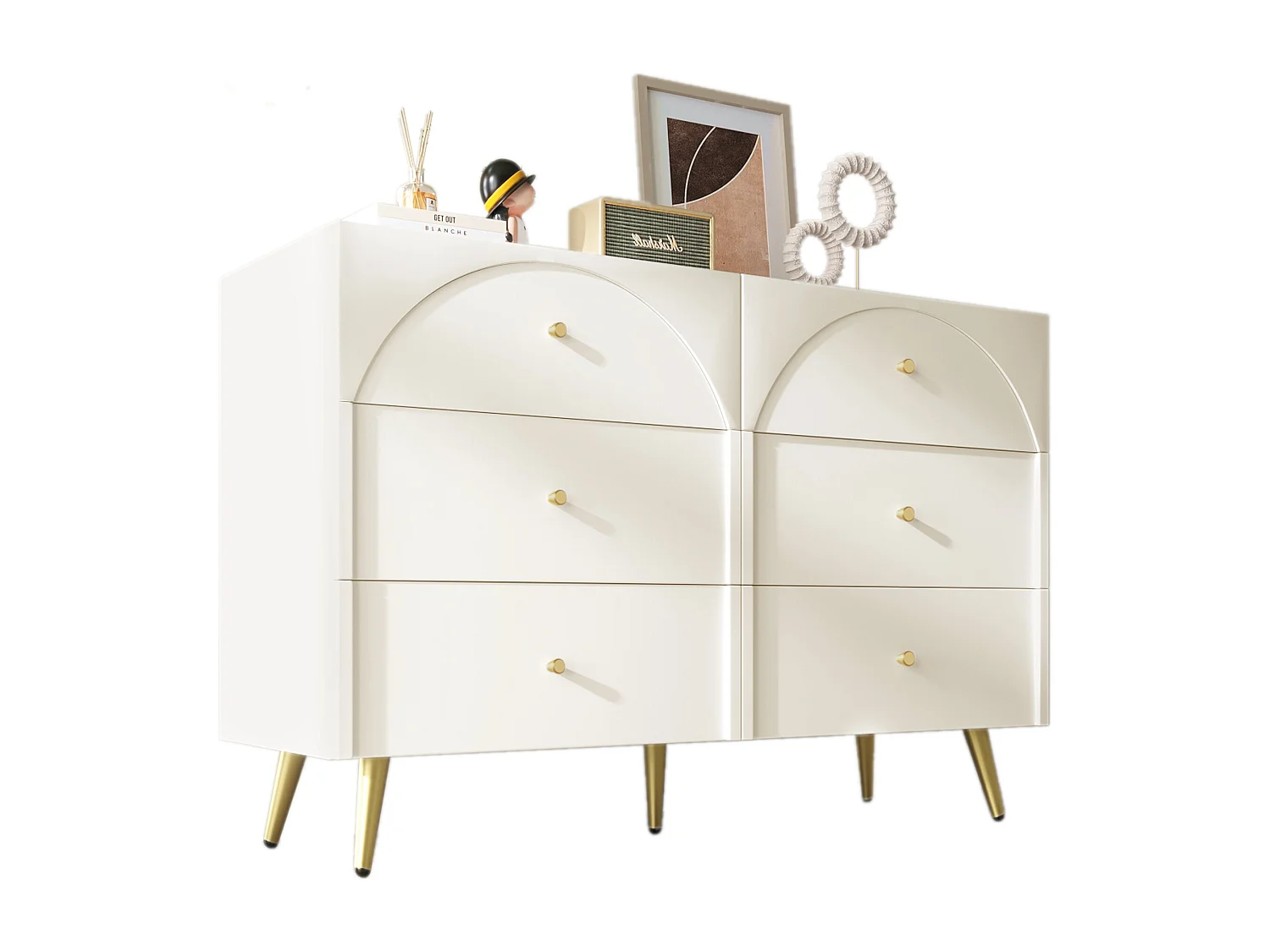 Chest of drawers with 6 drawers - gold legs - particleboard - white