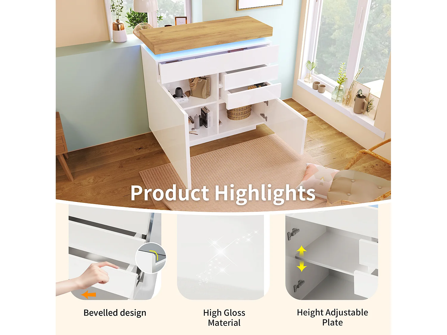 Chest of Drawers with LED Lighting - 3 Drawers and 2 Doors with Adjustable Shelves - White