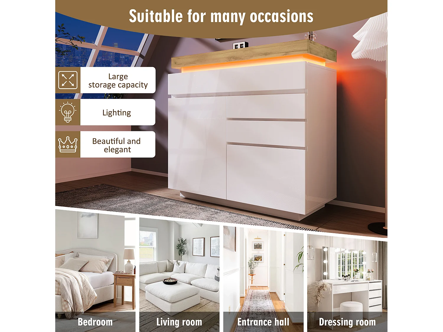 Chest of Drawers with LED Lighting - 3 Drawers and 2 Doors with Adjustable Shelves - White