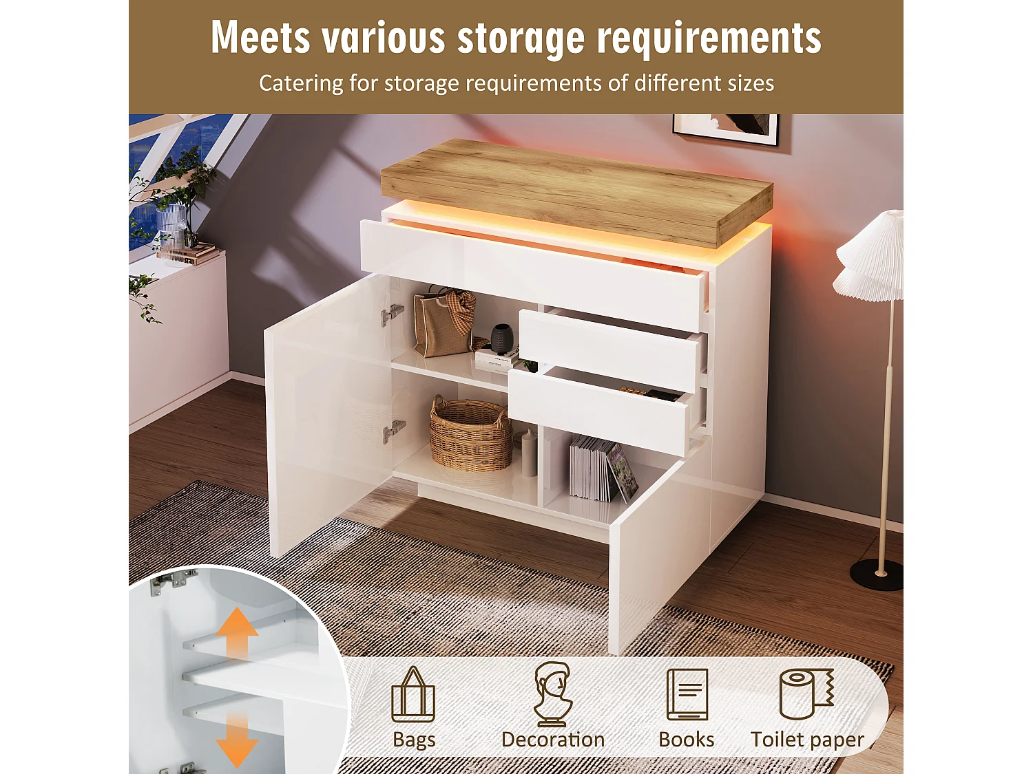 Chest of Drawers with LED Lighting - 3 Drawers and 2 Doors with Adjustable Shelves - White