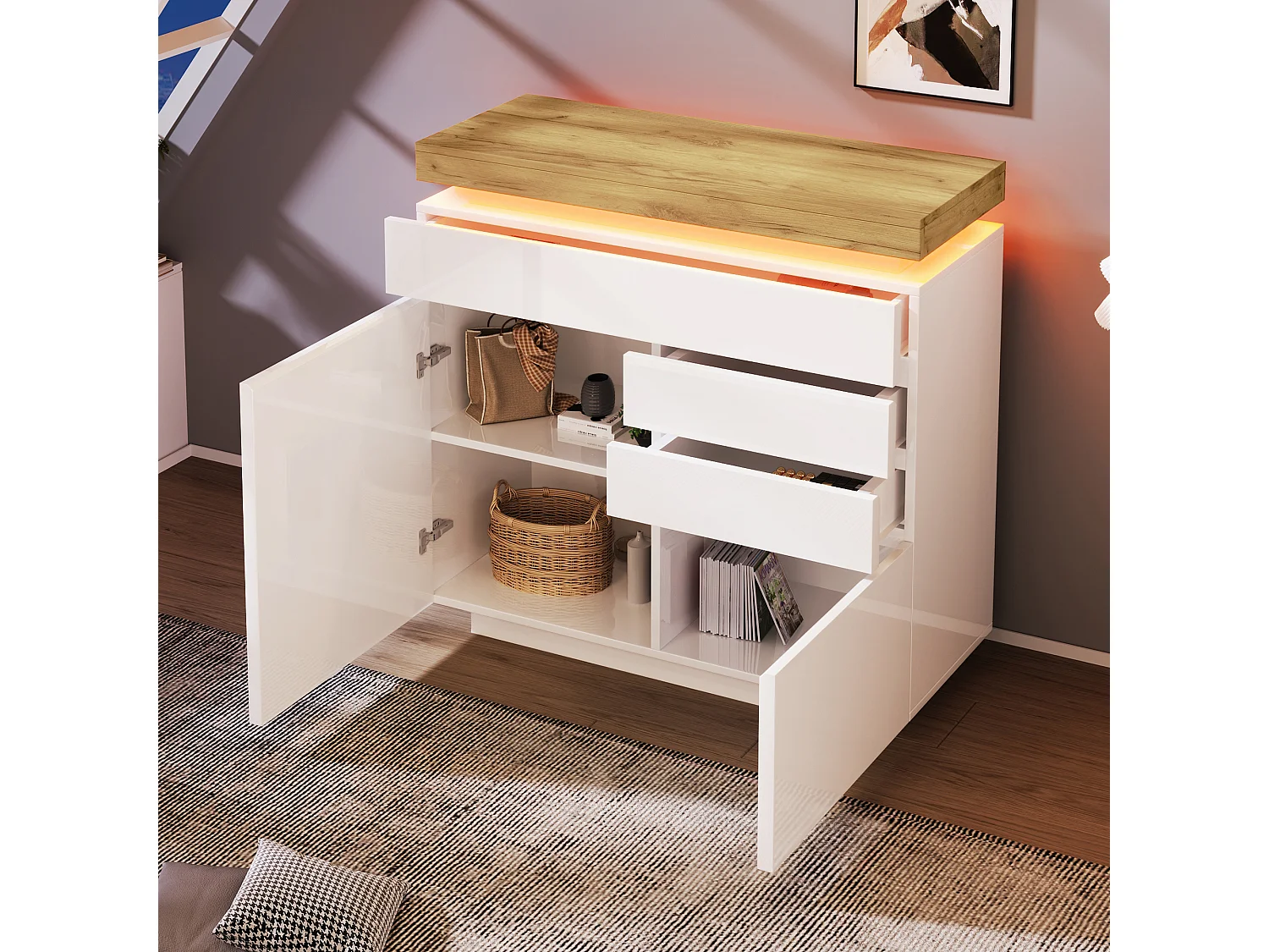 Chest of Drawers with LED Lighting - 3 Drawers and 2 Doors with Adjustable Shelves - White
