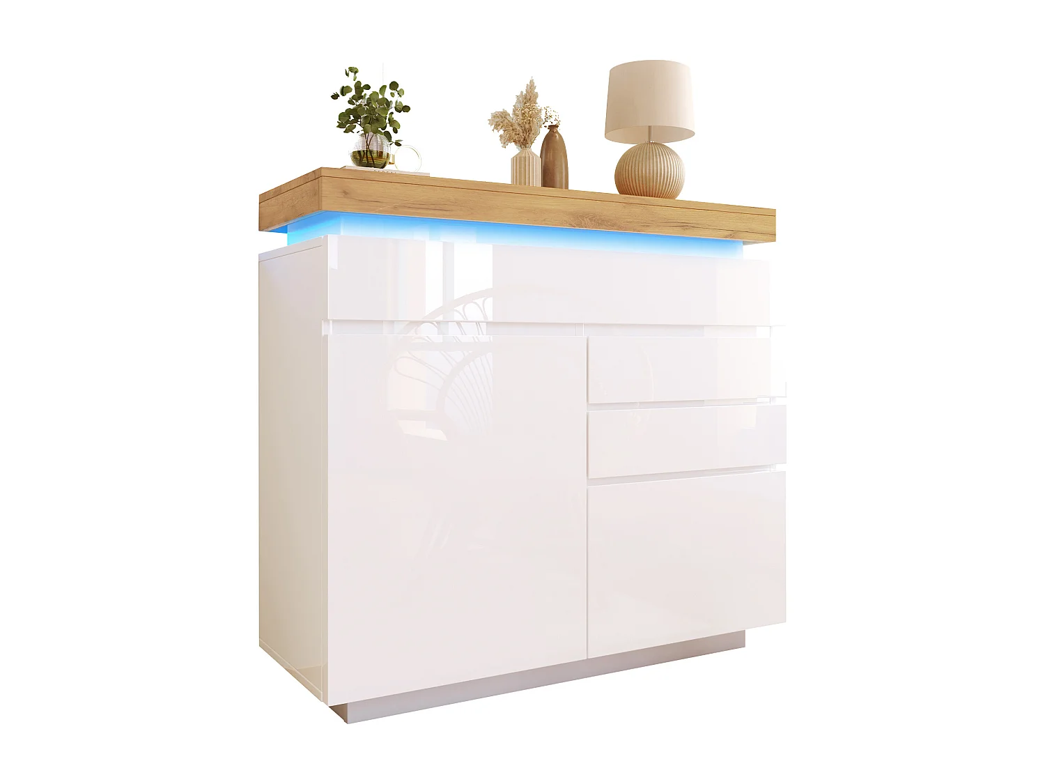 Chest of Drawers with LED Lighting - 3 Drawers and 2 Doors with Adjustable Shelves - White