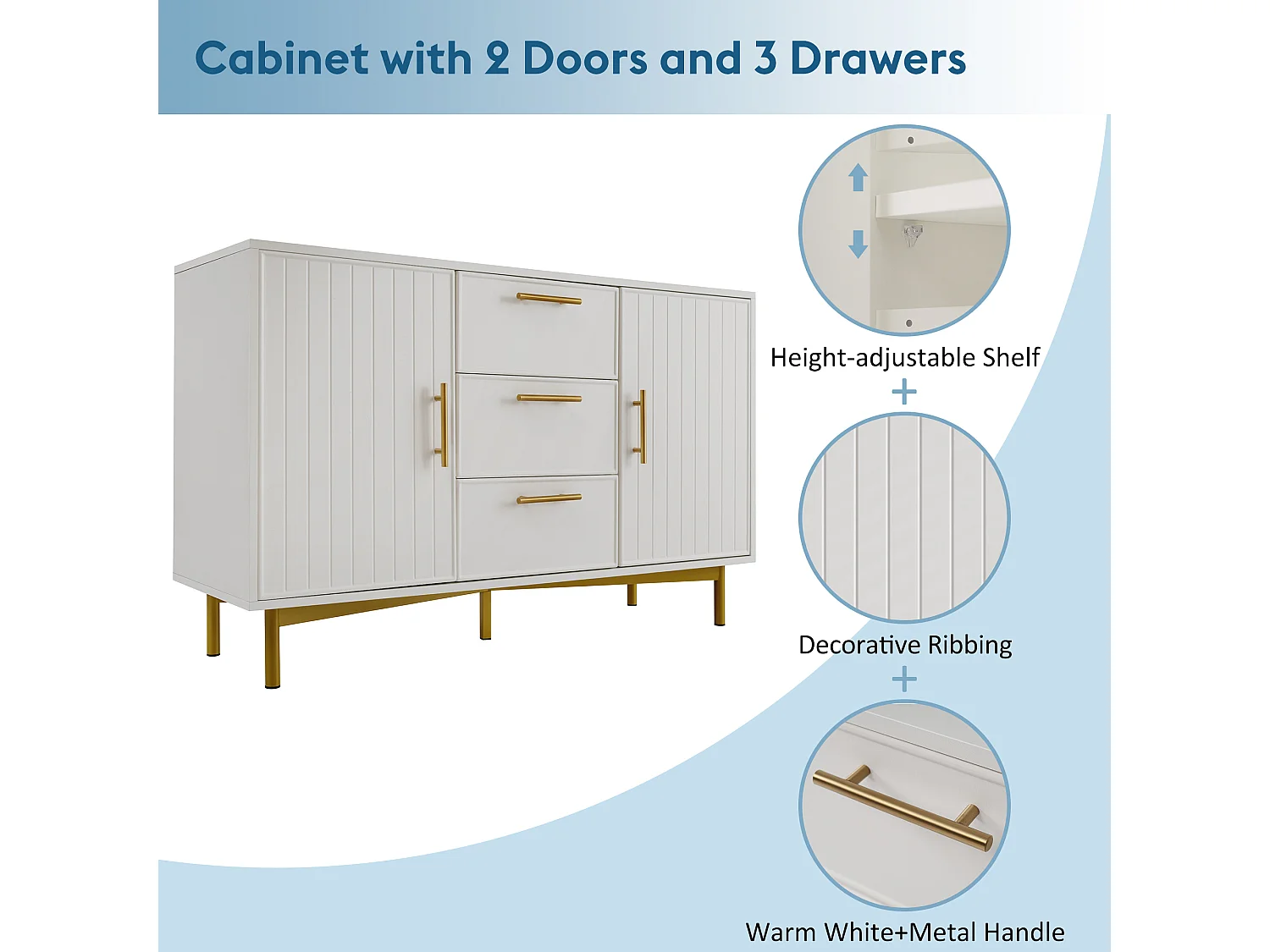 Chest of drawers decorated with vertical stripes - 3 drawers and 2 doors with adjustable shelves - white