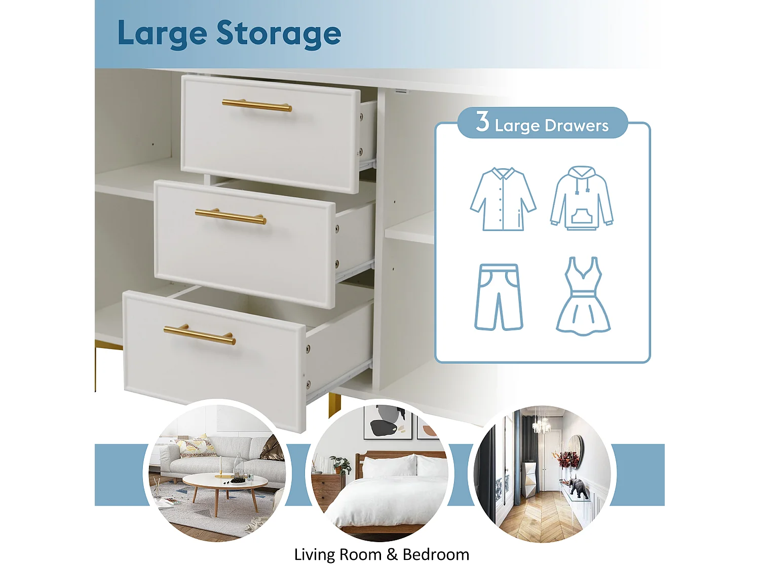Chest of drawers decorated with vertical stripes - 3 drawers and 2 doors with adjustable shelves - white