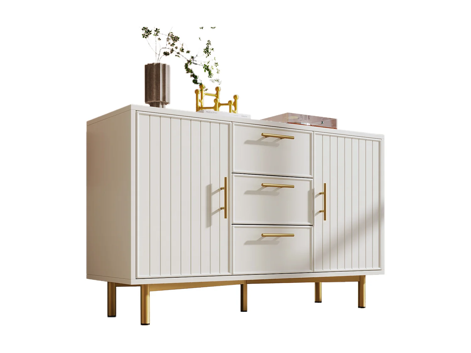 Chest of drawers decorated with vertical stripes - 3 drawers and 2 doors with adjustable shelves - white