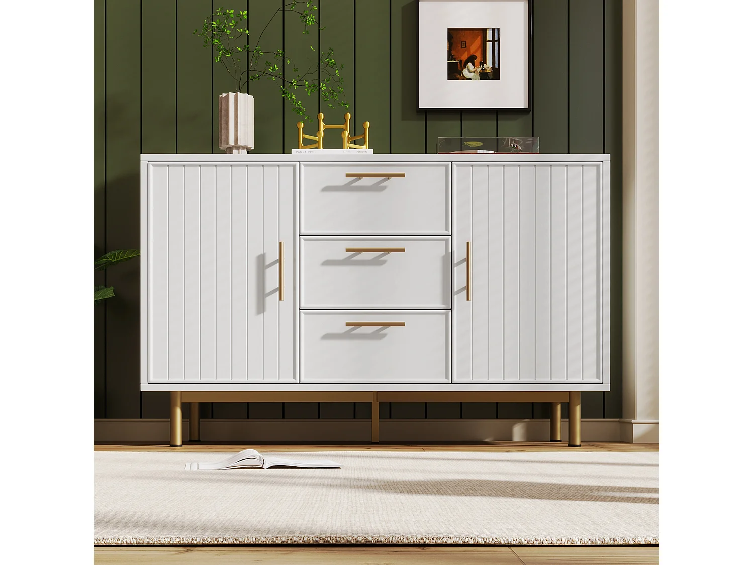 Chest of drawers decorated with vertical stripes - 3 drawers and 2 doors with adjustable shelves - white