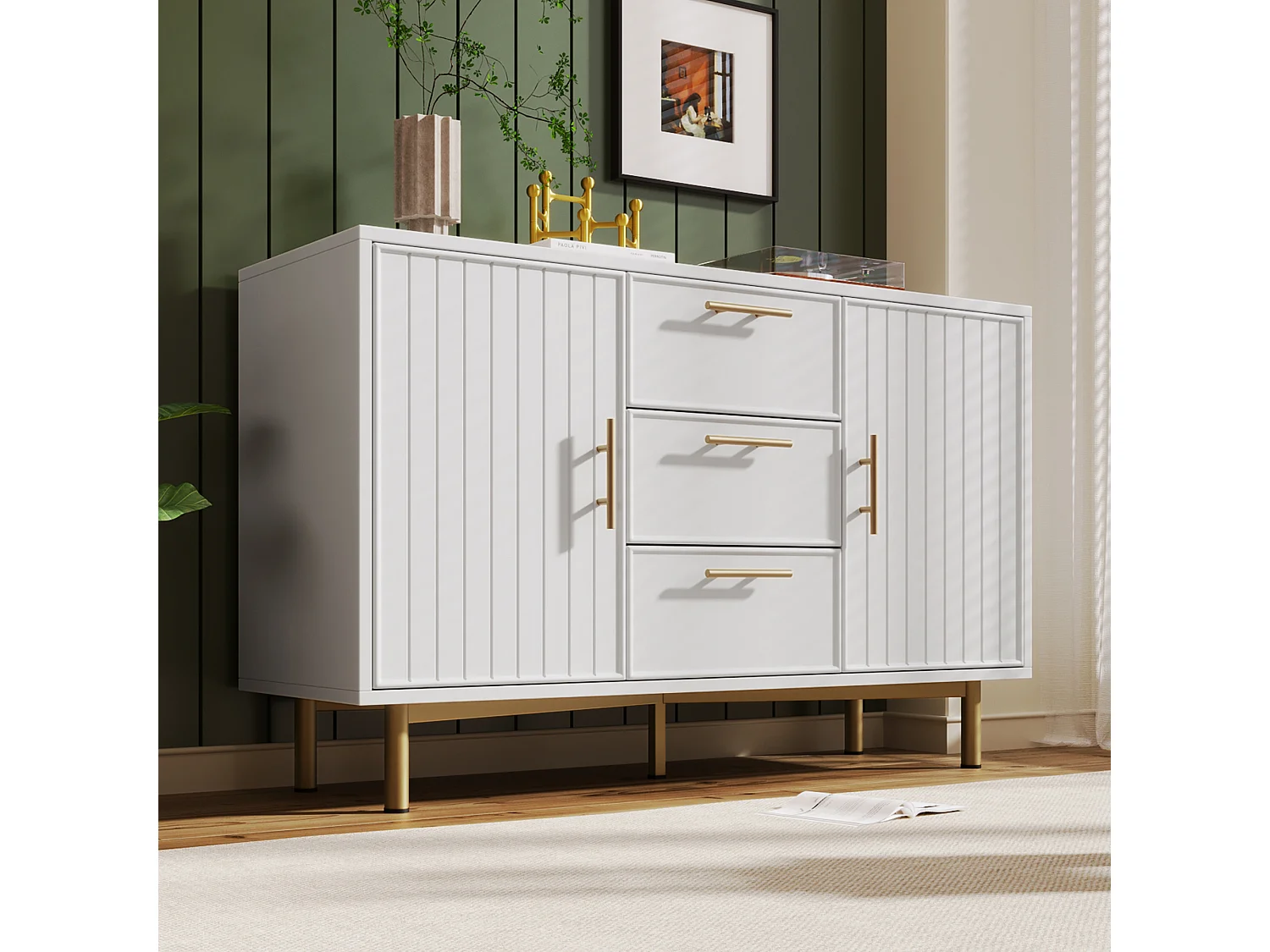 Chest of drawers decorated with vertical stripes - 3 drawers and 2 doors with adjustable shelves - white
