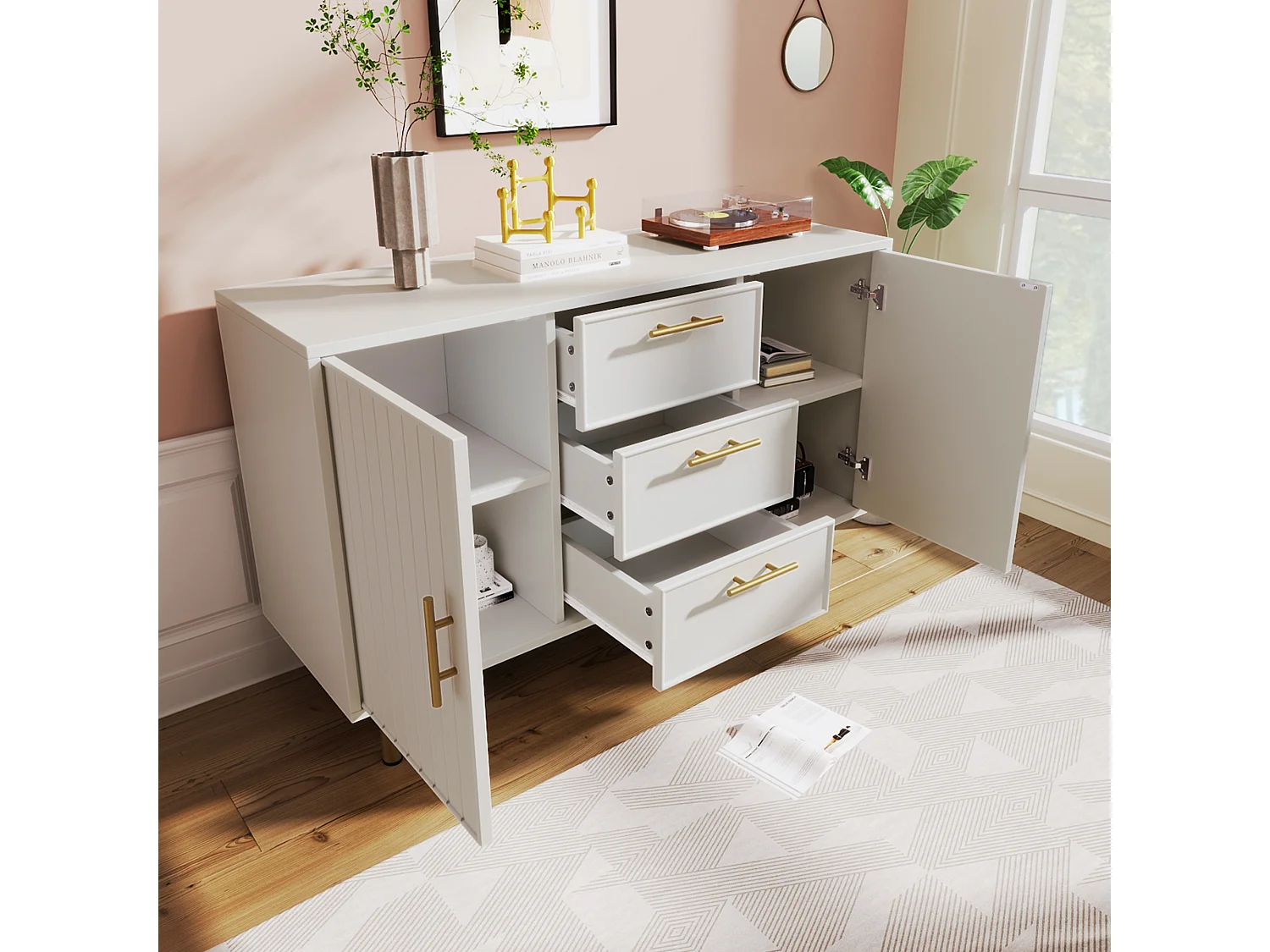 Chest of drawers decorated with vertical stripes - 3 drawers and 2 doors with adjustable shelves - white