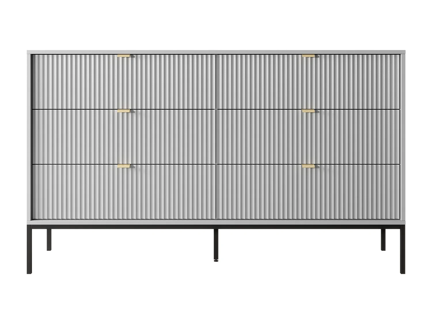 Commode: 6 laden, grijs, zwarte poten, 154 x 39 x 83 cm, gouden handgrepen
