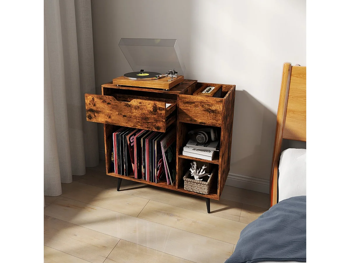 Tavolo record in vinile con cassetto estraibile, Supporto per giradischi per soggiorno e camera da letto Marrone Rustico