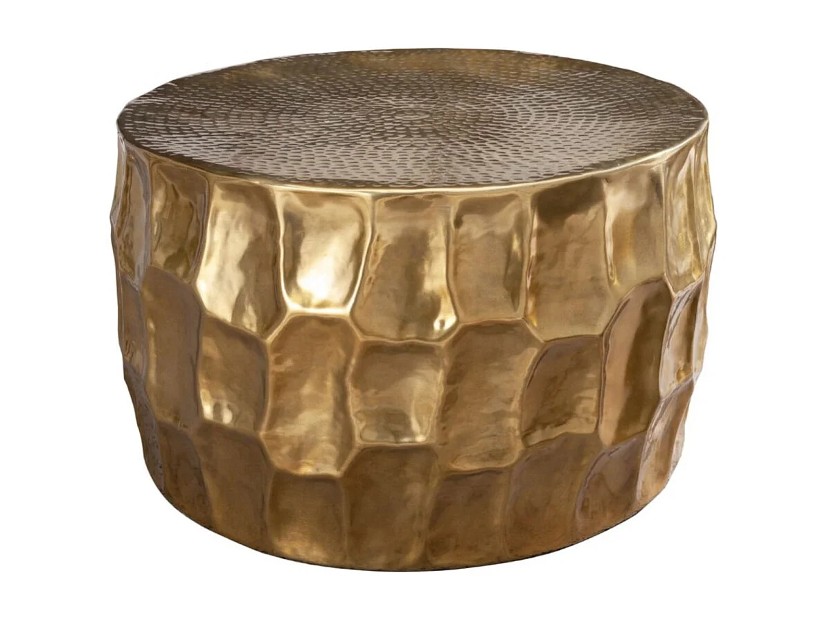Table basse TRIANE dorée 70 cm – Aluminium martelé design relief géométrique
